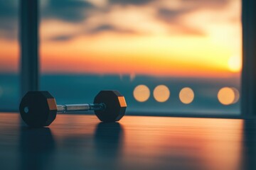 Poster - A pair of dumbbells on a table near a window with natural light