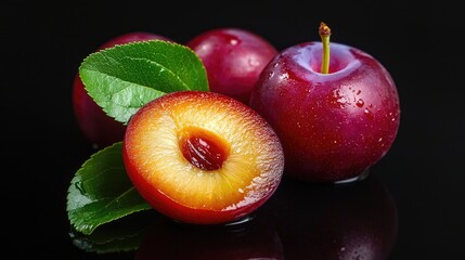 Aufkleber - A close-up view of two juicy plums sitting on a dark background