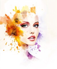 Poster - Watercolor portrait of a beautiful woman with orange and purple splashes