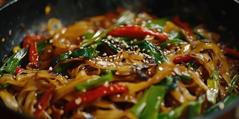 Poster - A colorful plate of sesame-covered noodles and vegetables, ready for a satisfying meal