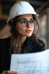 Poster - A woman in a construction setting, holding a blueprint for planning and building projects