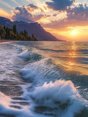 Poster - A serene image of the sunset over the ocean with gentle waves, perfect for use in travel, nature or relaxation-themed projects