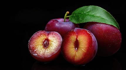 Poster - Fresh plums with one cut open, revealing juicy interior