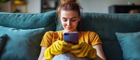 Aufkleber - A woman sits on a couch holding a cell phone, possibly texting or browsing