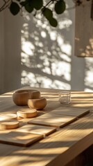 Poster - A wooden table set with a bowl of food, great for still life or flat lay photography