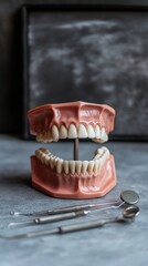 Poster - Close-up shot of a model tooth set with a toothbrush placed on a table surface