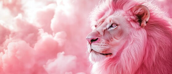 Poster - Close-up portrait of a lion's face on a pink background