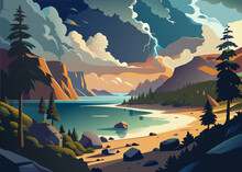 Serene mountain landscape with a tranquil lake under a stormy sky.