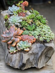 Poster - A decorative planter box filled with colorful succulents sitting on top of a wooden base