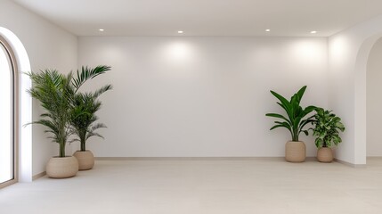 Poster - A bright, minimalist interior featuring two potted plants against a plain wall, creating a serene and fresh atmosphere.