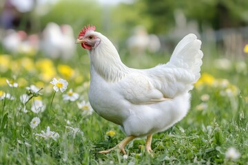 Aufkleber - A single white chicken standing on a lush green field, with a serene landscape in the background