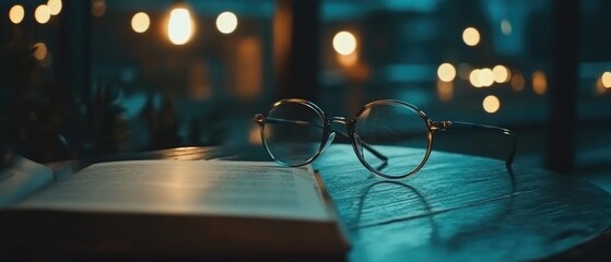 Poster - A pair of reading glasses sits on the cover of an open book, perfect for finding inspiration or taking notes