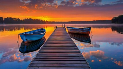 Poster - A beautiful lake with a wooden dock, two blue boats at the end of it, a vibrant orange and pink sunrise in the background, reflecting on the calm water. The scene is peaceful and serene