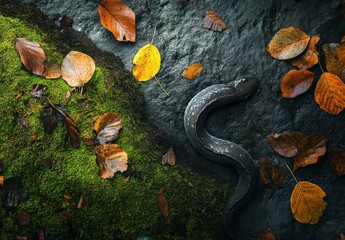 Poster - Serene Forest Scene Featuring a Black Snake, Colorful Autumn Leaves on Wet Rocks Surrounded by Lush Green Moss in Nature's Tranquil Setting