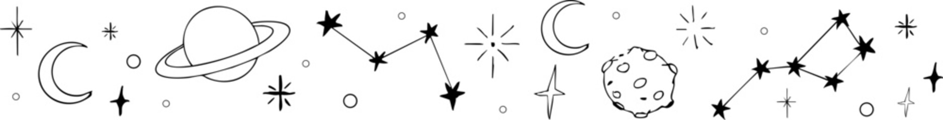 Sticker - Star celestial divider, border frame, space with blink stars,  planets, comets. Doodle siple line  