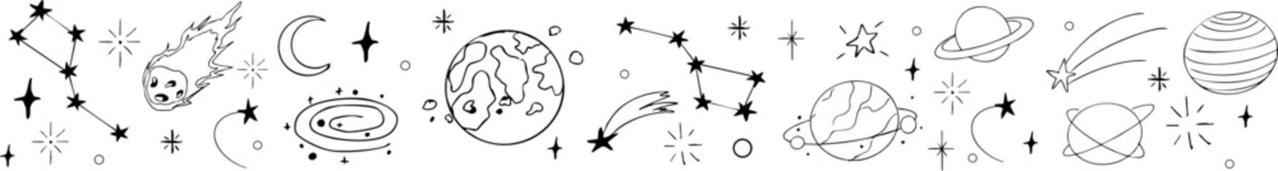 Sticker - Star celestial divider, border frame, space with blink stars,  planets, comets. Doodle simple line  