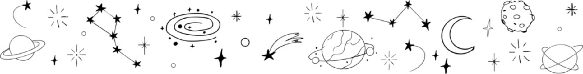 Sticker - Star celestial divider, border frame, space with blink stars,  planets, comets. Doodle siple line  