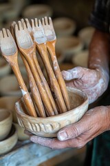 Poster - A person holding a bowl filled with various wooden utensils for cooking or food preparation