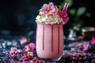 Aufkleber - A pink drink topped with whipped cream and decorated with fresh pink flowers