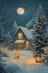 Aufkleber - A cozy house with a beautifully decorated Christmas tree outside