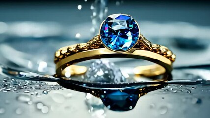 Poster - A gold ring with a blue stone in the center. The ring is sitting in water