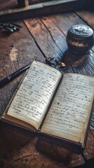 Poster - A book sitting on a wooden table, perfect for depicting study or reading habits