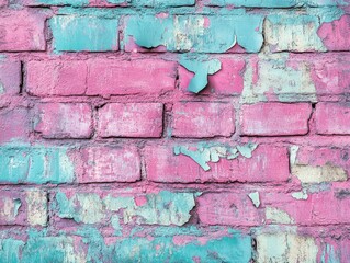 Poster - A worn-out brick wall with flaking paint, featuring pink and blue hues
