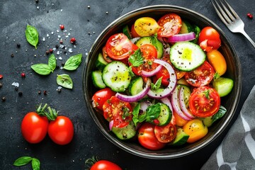 Poster - A colorful arrangement of fresh vegetables including tomatoes, cucumbers, and onions