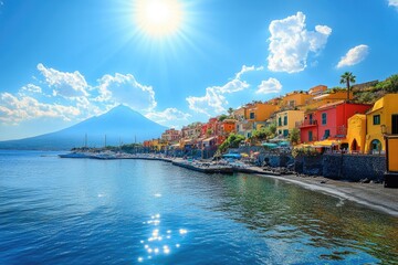 Poster - A sunny day with colorful buildings on a beach, perfect for vacation or travel photography
