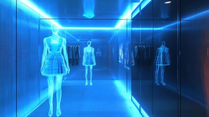 Poster - Futuristic clothing store corridor featuring glowing mannequins displays apparel