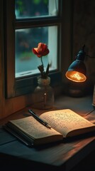 Poster - An open book sits on a desk next to a window, perfect for educational or office settings