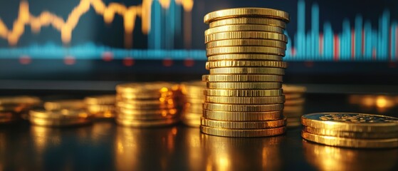 Poster - A stack of gold coins sitting on a table, ideal for use in financial or treasure-themed designs