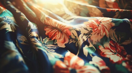 Poster - Vibrant Floral Fabric with Soft Drapery and Sunlight Reflection