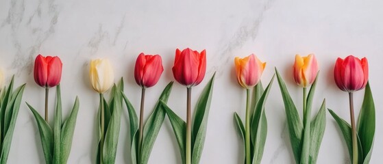 Aufkleber - A row of red and yellow tulips on a white marble surface, great for decorative or commercial use