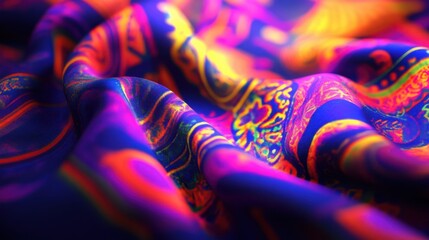 Poster - Vibrant Silk Fabric with Colorful Patterns in Soft Focus
