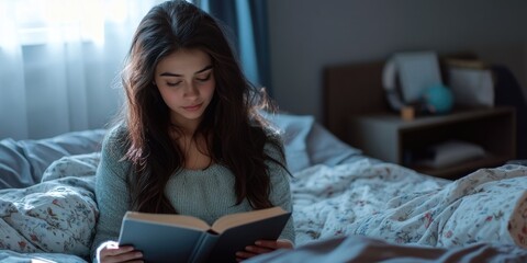 Poster - A woman sits on a bed reading a book, possibly relaxing or studying