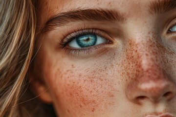 Poster - Close-up portrait of a woman with distinctive freckles on her face, suitable for beauty and lifestyle themes