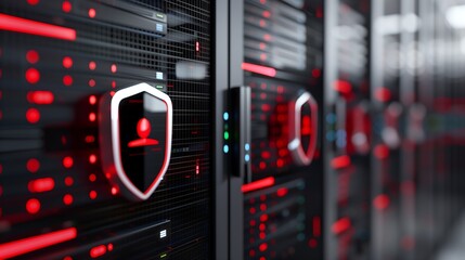 Poster - A cyber defense center with augmented reality security dashboards, real-time data breach prevention alerts, and a virtual shield protecting sensitive corporate information.