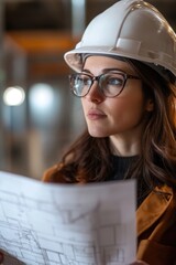 Poster - A construction worker wearing a hard hat and glasses reviews blueprints on site