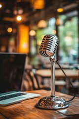 Poster - A close-up shot of a microphone sitting on a wooden table next to a laptop, ideal for recording or podcasting