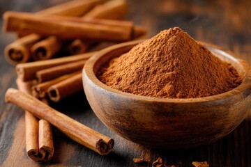Poster - A close-up of cinnamon sticks and powder in a wooden bowl, ready for use in cooking or baking