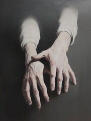 Poster - Close-up shot of a person's hands resting on a table, with a neutral background