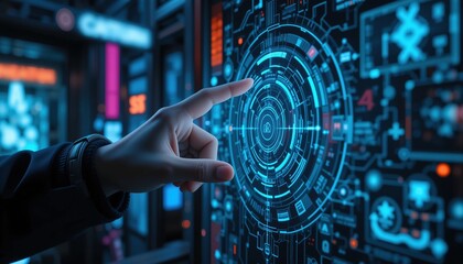 A hand interacts with a futuristic digital interface displaying complex technological data and circular patterns on a large screen in a modern setting.