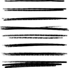 Poster - Black crayon underline strokes - hand drawn horizontal lines. Rough sketch dividers and borders for text emphasis or highlight. Uneven edges, brush texture. Grunge design elements in freehand style.