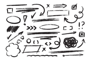 Fototapete - Sketchy crayon hand drawn highlight elements - circles, underlines, arrows, checkmarks and crosses. Doodle chalk line border, text emphasis graphic. Rough freehand grunge shapes for design annotation