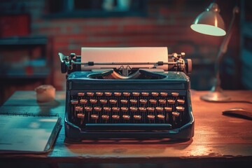 Poster - A vintage typewriter sitting on a wooden table, perfect for writing, office or home decor
