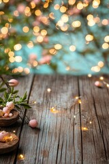 Poster - A still life image of a wooden table decorated with small pink flowers