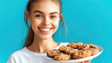 Poster - A woman holds a plate of cookies against a bright blue background, perfect for food or lifestyle imagery