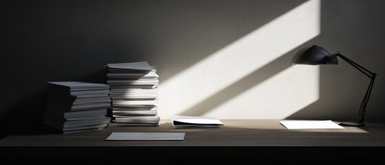 Aufkleber - A desk with a lamp and a stack of papers, ideal for office work or study