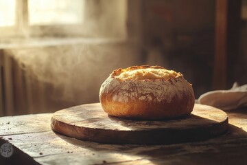 Poster - Fresh bread sitting on a wooden cutting board, perfect for a kitchen setting or food-related photography